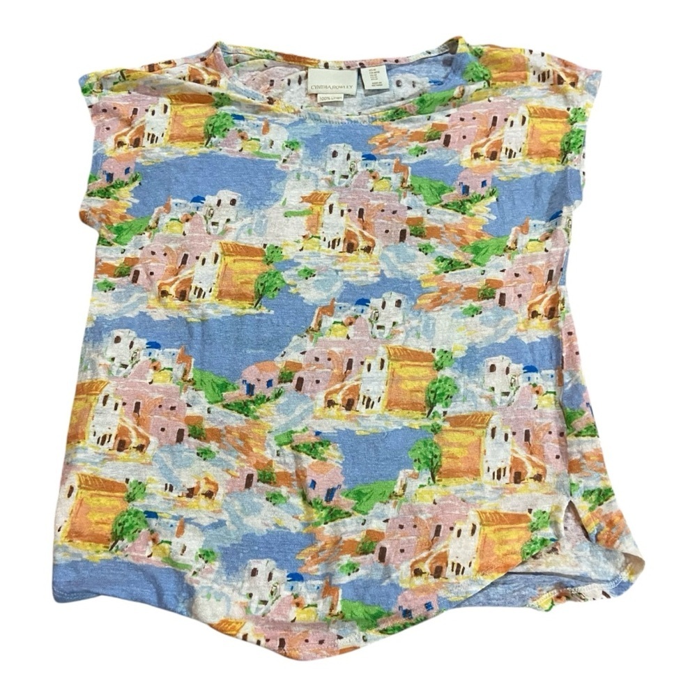CYNTHIA ROWLEY Greek Island Paining Print 100% Linen Slub Knit Top Sz M